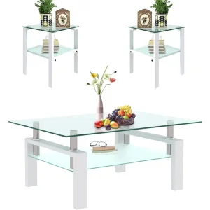 End Table Sets, Tempered Glass Living Room Modern Tea Table & 2 Side Tables 2-Layer