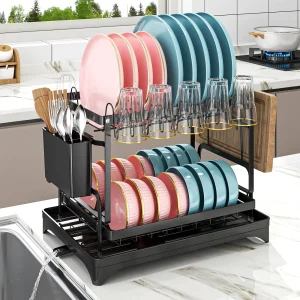 2-Tier Dish Drying Rack with Utensil Holder for Kitchen Counter