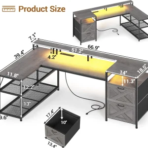 67-Inch L-Shaped Desk with Drawers